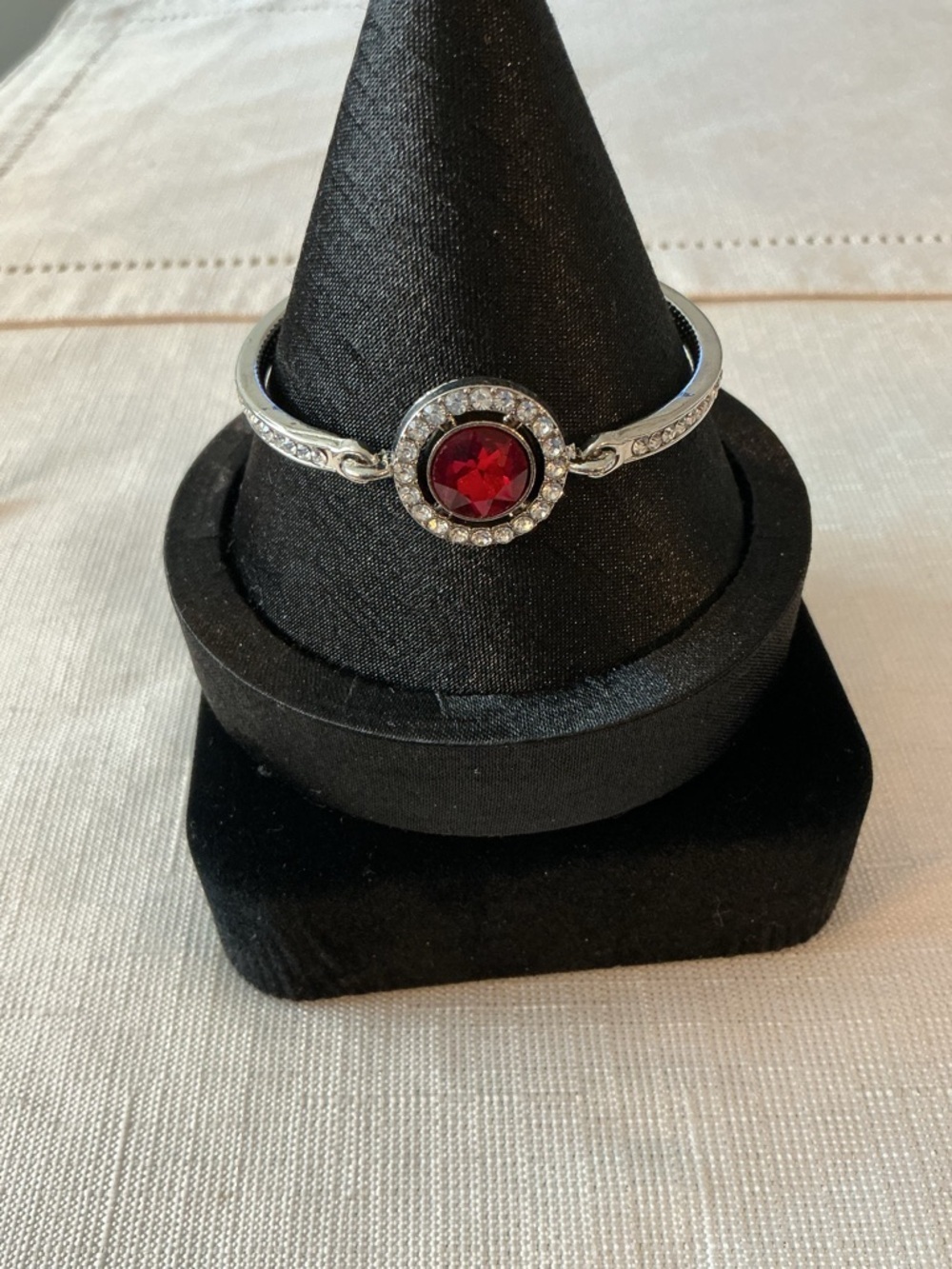Red Glass and Rhinestone Silver Tone Bracelet - Picture 1 of 4
